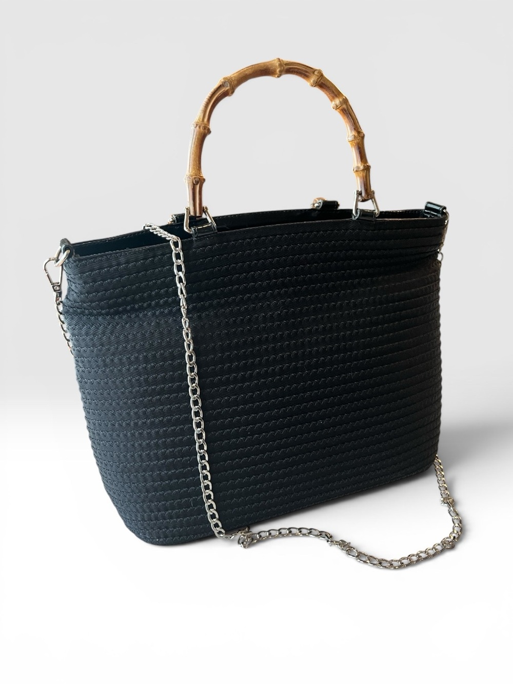 Vintage Gucci Black Nylon Bamboo Handle Tote with Silver Chain and COA